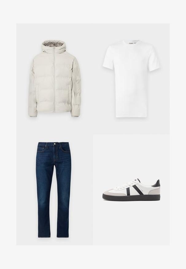 Lys beige polstret jakke med påhæftet hætte, frontlynlås og sidelommer, vist mod en ensfarvet hvid baggrund.; Hvid, kortærmet T-shirt med rund hals og et lille brandlabel inde i kraven, vist på en hvid baggrund.; Mørkeblå denim jeans med lige ben. Funktioner inkluderer kontrastsyninger, fem lommer og lukning med knap foran.; Hvide sneakers med sorte og grå detaljer, med en tekstureret grå tåhætte, sort gummisål og flade hvide snørebånd. Rent design, minimalistisk stil.