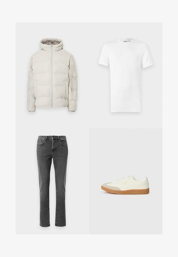 Lys beige polstret jakke med påhæftet hætte, frontlynlås og sidelommer, vist mod en ensfarvet hvid baggrund.; Hvid, kortærmet T-shirt med rund hals og et lille brandlabel inde i kraven, vist på en hvid baggrund.; Sorte straight-leg denim jeans med front- og baglommer, lynlåslukning og knaplukning på en neutral hvid baggrund.; Sneaker lavet af hvid læder med en beige tåhætte og let brunt gummisål. Har flade hvide snørebånd og prægede branding på siden.