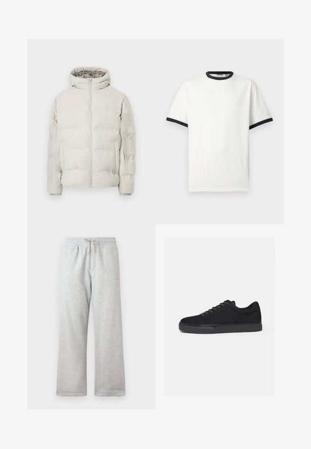 Veste matelassée beige clair avec capuche attachée, fermeture éclair à l'avant et poches latérales, présentée sur un fond blanc uni.; T-shirt blanc à manches courtes avec bordure noire au col rond et aux poignets, présenté sur un fond uni gris clair.; Pantalons de survêtement gris clair avec taille élastique et cordon beige, coupe droite, présentés sur un fond blanc.; Baskets basses noires avec fermeture à lacets à l'avant et semelle en caoutchouc plate, vues de profil sur fond blanc.
