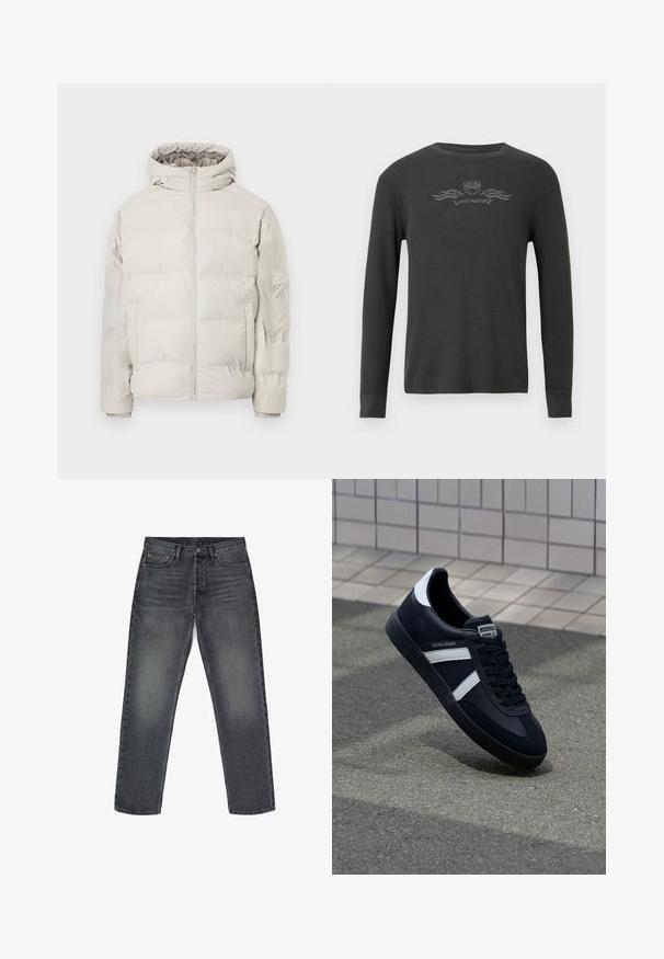 Hellbeige gesteppte Jacke mit angenähter Kapuze, Frontreißverschluss und seitlichen Taschen, vor schlichtem weißem Hintergrund präsentiert.; Dunkelgraues Langarm-Thermoshirt mit gerippter Textur. Verfügt über ein kleines Grafiklogo auf der Brust und enganliegende Bündchen.; Graue Jeans aus Denim mit geradem Schnitt, fünf Taschen, Knopfverschluss und dezentem Verblassen. Verstärkte Nähte und Kupferakzente.; Schwarze Leder-Sneaker mit weißen Streifen, strukturiertem Gummisohle und Schnürung. Verfügt über ein Markenetikett auf der Zunge.