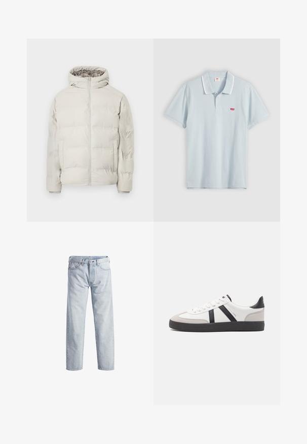 Lichtbeige gewatteerde jas met aangehechte capuchon, ritssluiting aan de voorkant en zijzakken, getoond tegen een effen witte achtergrond.; Lichtblauw poloshirt met korte mouwen met witte dubbele strepen op de kraag en klein rood Levi's-logo op de borst, plat uitgespreid.; Lichtblauwe denim jeans met een rechtstaand ontwerp, knopenfly, vijf zakken en een subtiele vervaagde textuur. Voorzien van metalen hardware accenten.; Witte sneaker met zwarte en grijze accenten, voorzien van een grijze neus met textuur, zwarte rubberen zool en platte witte veters. Schoon ontwerp, minimalistische stijl.