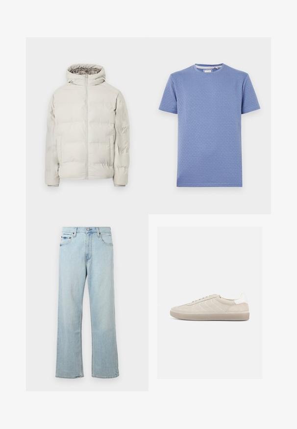 Hellbeige gesteppte Jacke mit angenähter Kapuze, Frontreißverschluss und seitlichen Taschen, vor schlichtem weißem Hintergrund präsentiert.; Helles blaues T-Shirt mit kurzen Ärmeln, aus strukturiertem Stoff und mit einem Karomuster sowie einem runden Ausschnitt. Glatte und weiche Textur.; Hellblaue Denim-Jeans mit einem lockeren, weit geschnittenen Design. Verfügt über fünf Taschen, Gürtelschlaufen und einen Reißverschluss mit Knopfverschluss.; Beiger Wildleder-Sneaker mit strukturiertem Obermaterial, glattem weißen Fersenbereich, dünnen Schnürsenkeln und Gummisohle. Verfügt über ein flaches Design.