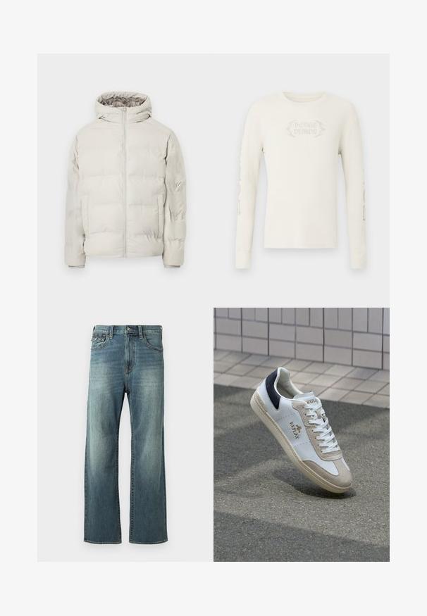 Veste matelassée beige clair avec capuche attachée, fermeture éclair à l'avant et poches latérales, présentée sur un fond blanc uni.; T-shirt à manches longues en coton côtelé crème avec "DODGE DEMON" brodé sur le devant et des graphismes imprimés sur la manche droite. Texture douce.; Jeans en denim bleu clair avec une coupe droite, un léger délavage, cinq poches et des passants de ceinture. Comprend des accents de couture et une fermeture à bouton.; Baskets en cuir blanc avec des accents en suède beige, un onglet de talon bleu marine et un logo doré. Semelle texturée avec un motif décoratif. Design classique à lacets.