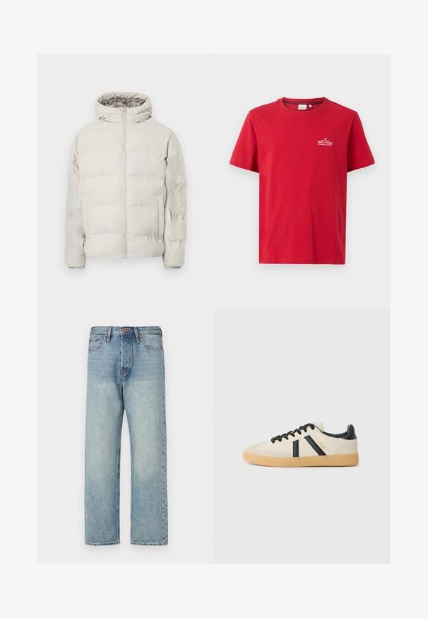 Svetlobéžová prešívaná bunda s prišitú kapucňou, predným zipsom a bočnými vreckami, zobrazená na jednofarebnom bielom pozadí.; Pepe Jeans THIAGO TEE - Tričko s potlačou - rugby red; Svetlo modré džínsy s rovnými nohavicami, piatimi vreckami a bronzovými detailmi. Minimálne vybielenie s čistým povrchom.; Pohodlné tenisky v krémovej farbe s čiernymi pruhmi, s textúrovaným zvrškom a podrážkou z gumy. Šnúrky sú čierne. Diskrétny logo na boku.