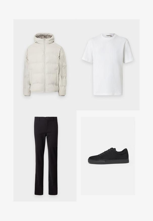 Lichtbeige gewatteerde jas met aangehechte capuchon, ritssluiting aan de voorkant en zijzakken, getoond tegen een effen witte achtergrond.; Wit T-shirt met korte mouwen, wafelstructuur en ronde hals, met een klein merkembleem aan de binnenkant van de kraag, afgebeeld op een effen achtergrond.; Zwarte broek gemaakt van een katoenmix; heeft een recht model en een sluiting met een knoop aan de voorkant. Geen patronen of versieringen zichtbaar.; Zwarte lage sneaker met veterluiting aan de voorkant en platte rubberen zool, zijaanzicht op een witte achtergrond.