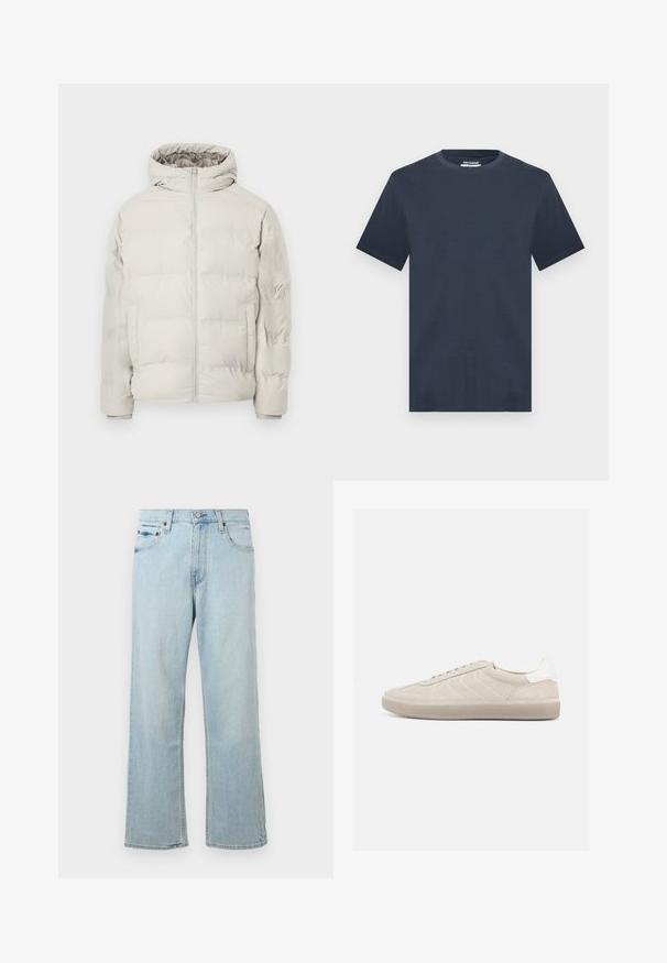 Hellbeige gesteppte Jacke mit angenähter Kapuze, Frontreißverschluss und seitlichen Taschen, vor schlichtem weißem Hintergrund präsentiert.; Marineblaue T-Shirt mit kurzen Ärmeln und Rundhalsausschnitt in lässiger Passform, präsentiert vor einem hellgrauen Hintergrund.; Hellblaue Denim-Jeans mit einem lockeren, weit geschnittenen Design. Verfügt über fünf Taschen, Gürtelschlaufen und einen Reißverschluss mit Knopfverschluss.; Beiger Wildleder-Sneaker mit strukturiertem Obermaterial, glattem weißen Fersenbereich, dünnen Schnürsenkeln und Gummisohle. Verfügt über ein flaches Design.