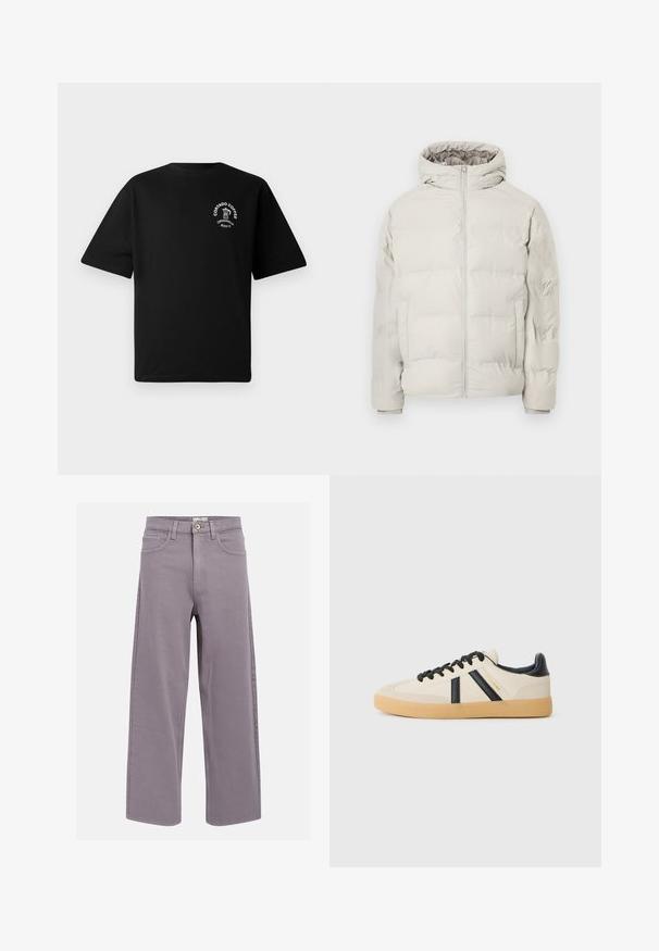 Veste matelassée beige clair avec capuche attachée, fermeture éclair à l'avant et poches latérales, présentée sur un fond blanc uni.; T-shirt noir à manches courtes avec un petit logo blanc sur la poitrine représentant une cafetière et le texte "Cortado Coffee Original 2013."; Jeans droits lavande-gris avec poches avant et arrière, passants de ceinture et bouton de fermeture à la taille.; Baskets décontractées en crème avec des rayures noires, présentant un dessus texturé et une semelle en caoutchouc. Les lacets sont noirs. Logo discret sur le côté.
