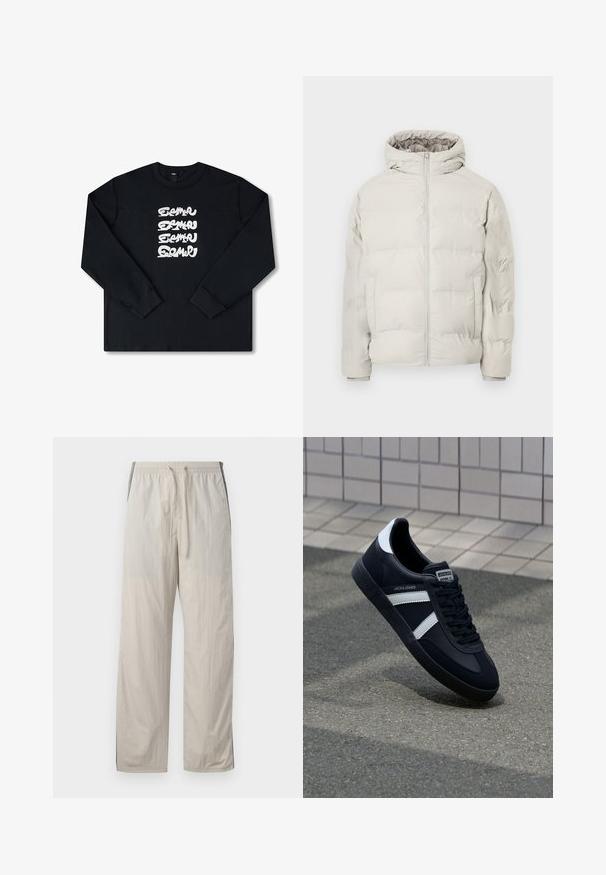 Lys beige polstret jakke med påhæftet hætte, frontlynlås og sidelommer, vist mod en ensfarvet hvid baggrund.; Sort sweatshirt med lange ærmer, der har et hvidt gentaget grafisk logo i stiliseret skrifttype på forsiden. Fremstillet af blødt stof.; Beige, lette, snorebukser med elastisk talje, der har mørke sidedele og en løs, lige ben-design.; Sort lædersneaker med hvide striber, tekstureret gummisål og snørrebånd foran. Har et brandet mærke på tungen.