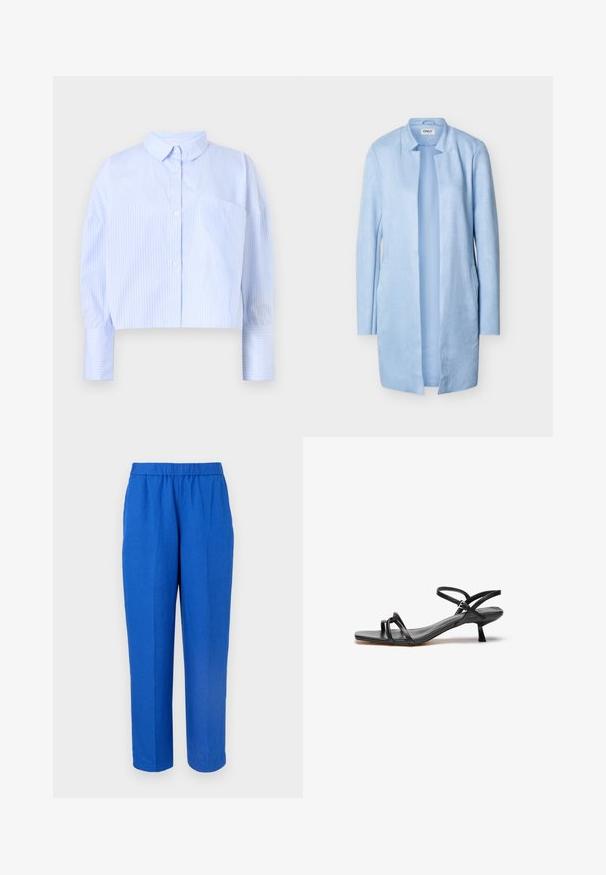 Abrigo azul claro para mujer, de manga larga, con cuello alto, parte delantera abierta y dos bolsillos laterales, mostrado sobre un fondo liso.; Camisa de botones cortada en azul claro con rayas verticales blancas, que presenta un cuello desplegado y un bolsillo en el pecho. Textura de tela suave.; Pantalones azules de pierna recta con cintura elástica y pliegue frontal, mostrados sobre un fondo claro y liso.; Sandalia de cuero negro con un diseño elegante y minimalista. Presenta dos correas delgadas y un pequeño tacón inclinado. Textura suave y punta abierta.