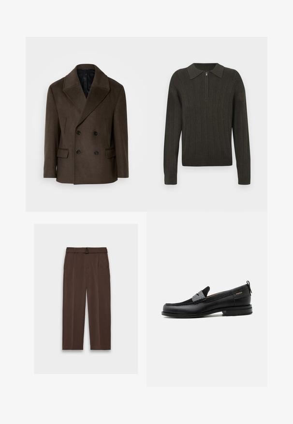 Manteau peacoat marron en mélange de laine. Design croisé avec de grands boutons noirs, revers crantés et deux poches latérales. Doublure noire lisse.; Pull en tricot vert foncé avec un motif en côtes verticales, manches longues, col polo et fermeture à demi-glissière à l'avant.; Pantalon marron avec une ceinture, présentant une taille haute, un devant plissé et des poches latérales ; fabriqué en tissu lisse et texturé.; Mocassin en cuir noir avec détail de bride grise, talon bas et semelle texturée, marqué "HUGO" en or sur le côté.
