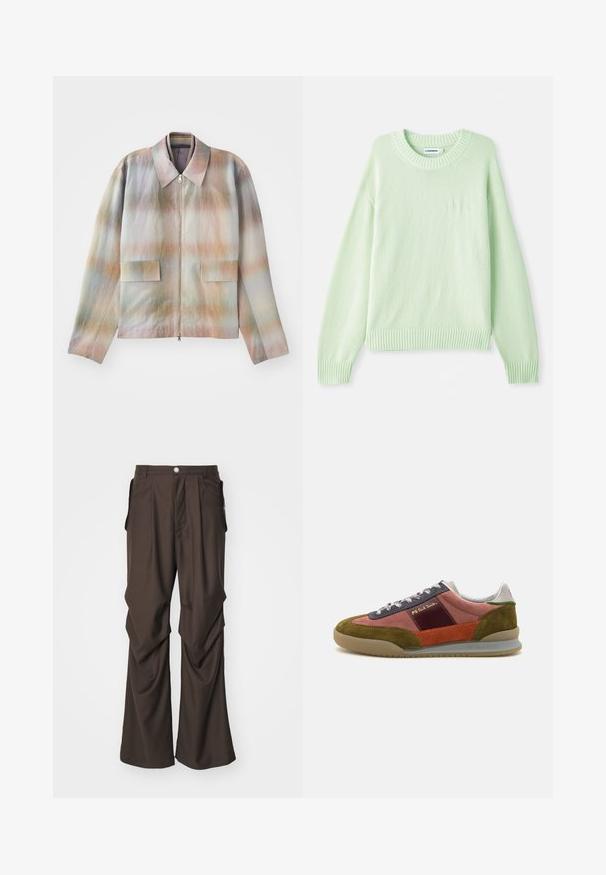 Jakke med lynlås foran og en struktureret krave, der har et pastelgradientmønster, to forlommer og et glat, let tekstureret stof.; Lys grøn strikket sweater med rund halsudskæring, ribbede manchetter og kant. Har et subtilt logo-detail på venstre bryst.; Brune skræddersyede bukser med bred ben-design, der har sidelommer og lukning med frontknap. Glat stof med diskrete plisseringer.; PS Paul Smith DOVER - Sneakers - pink