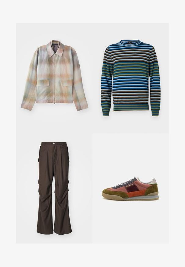 Jakke med lynlås foran og en struktureret krave, der har et pastelgradientmønster, to forlommer og et glat, let tekstureret stof.; Stribet sweater med vandrette linjer i blå, grøn, brun og grå; lavet af blødt materiale med rund halsudskæring og ribstrikkede manchetter.; Brune skræddersyede bukser med bred ben-design, der har sidelommer og lukning med frontknap. Glat stof med diskrete plisseringer.; PS Paul Smith DOVER - Sneakers - pink