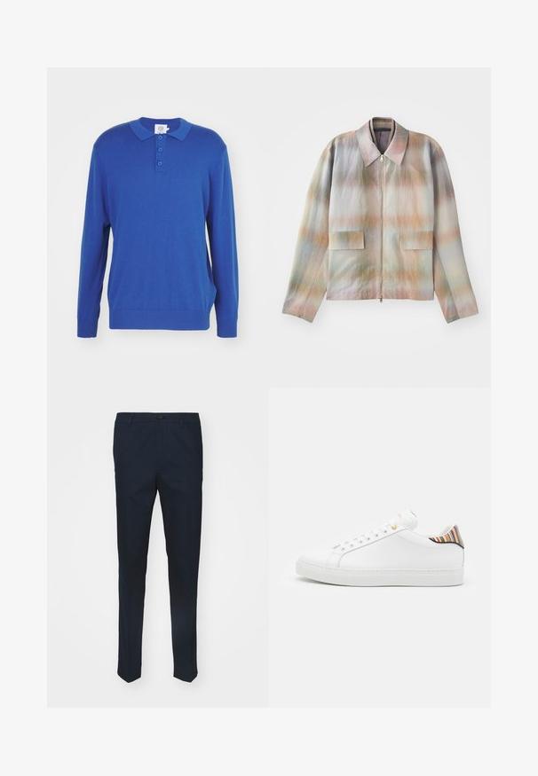 Jacke mit Reißverschluss und strukturiertem Kragen, versehen mit einem pastellfarbenen Verlaufsmuster, zwei Fronttaschen und einem glatten, leicht strukturierten Stoff.; Langärmliger blauer Polo-Pullover mit Kragen, drei Knopfverschluss und gerippten Bündchen und Saum. Hergestellt aus einem weichen Strickstoff.; Marineblaue Hose aus gewebtem Stoff, mit geradem Schnitt, Knopfverschluss und vorderen Bügelfalten für ein elegantes Erscheinungsbild.; Weiße Ledersneaker mit glatter Oberfläche, ausgestattet mit einem bunten gestreiften Akzent an der Ferse, goldener Öse und flacher weißer Sole.