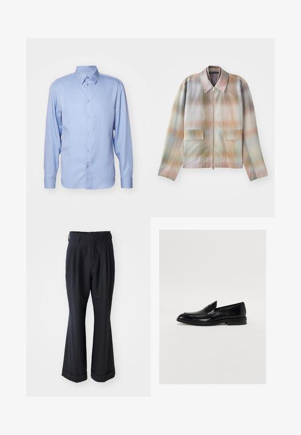 Chaqueta con cremallera frontal y cuello estructurado, con un patrón de degradado en tonos pastel, dos bolsillos frontales y una tela suave con una ligera textura.; Camisa de manga larga de color azul claro, fabricada en tejido suave, con cuello clásico, botonera y un corte entallado con puños abotonados.; Pantalones negros a medida con un ajuste relajado, parte delantera plisada y piernas anchas. Cuenta con un dobladillo con puños y una textura de tela suave.; Mocasín de cuero negro con puntera redondeada, costuras sutiles y un acabado suave. Presenta un tacón bajo apilado y una correa sobre el empeine.