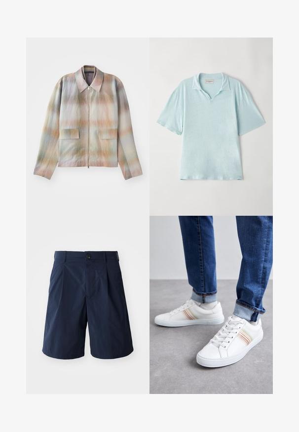 Jakke med lynlås foran og en struktureret krave, der har et pastelgradientmønster, to forlommer og et glat, let tekstureret stof.; Lys blå, kortærmet polo-shirt med krave og en afslappet pasform. Blødt, tekstureret stof med et subtilt melange-mønster.; Mørkeblå shorts lavet af letvægtsstof, med knappelukning, sidelommer og et enkelt design med plissee foran.; Hvide lædersneakers med multicolore striber, snørebåndsdesign, gummisål og polstret krave, parret med blå denimjeans.