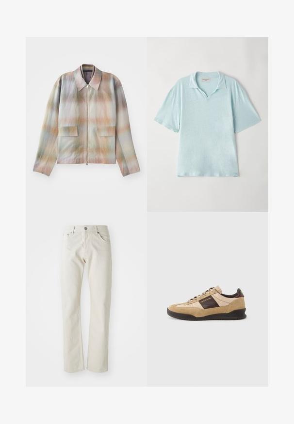 Jakke med lynlås foran og en struktureret krave, der har et pastelgradientmønster, to forlommer og et glat, let tekstureret stof.; Lys blå, kortærmet polo-shirt med krave og en afslappet pasform. Blødt, tekstureret stof med et subtilt melange-mønster.; Lyse beige jeans lavet af bomuld, med lige ben design, fem-lommers styling og en sølv metalknap lukning.; Beige ruskindssneaker med et tekstureret brunt panel, kontrasterende brun hæl og flerfarvede snørebånd. Har en sort gummisål og guldfarvet mærkning.
