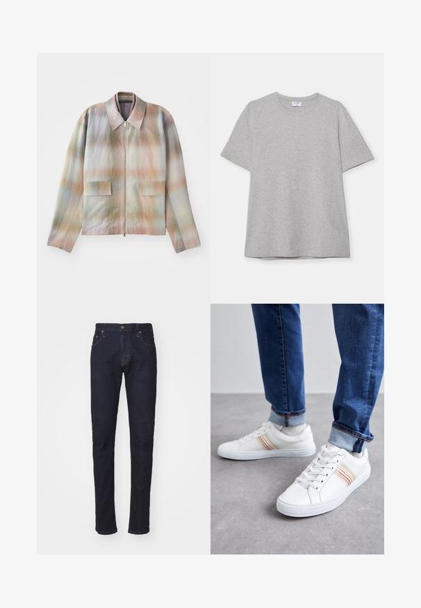 Jakke med lynlås foran og en struktureret krave, der har et pastelgradientmønster, to forlommer og et glat, let tekstureret stof.; Grå kortærmet T-shirt lavet af blødt, struktureret stof. Har en klassisk rund hals og en lige kant, velegnet til afslappet brug.; Mørkeblå denimjeans med slim fit, fem-lomme design og knaplukning. Har kontrastsyninger og lige benform.; Hvide lædersneakers med multicolore striber, snørebåndsdesign, gummisål og polstret krave, parret med blå denimjeans.