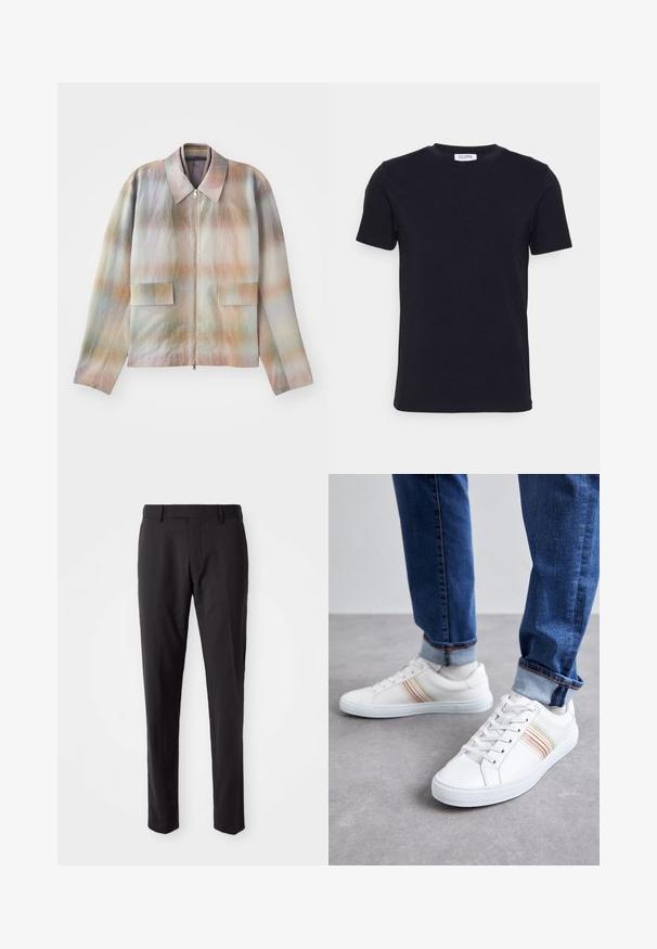 Jakke med lynlås foran og en struktureret krave, der har et pastelgradientmønster, to forlommer og et glat, let tekstureret stof.; Sort kortærmet t-shirt med rund hals og et lille hvidt mærke indeni halsudskæringen.; Sorte skræddersyede bukser med flad front, slim fit, bæltestropper og en glat tekstur. Velegnet til formelt eller forretningsmæssigt tøj.; Hvide lædersneakers med multicolore striber, snørebåndsdesign, gummisål og polstret krave, parret med blå denimjeans.