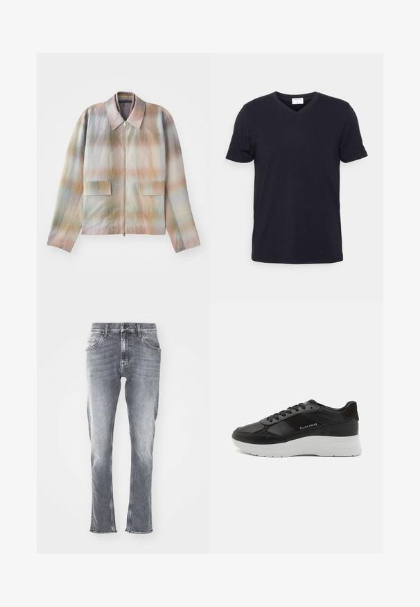 Jacke mit Reißverschluss und strukturiertem Kragen, versehen mit einem pastellfarbenen Verlaufsmuster, zwei Fronttaschen und einem glatten, leicht strukturierten Stoff.; Schwarzes V-Ausschnitt-T-Shirt aus Baumwolle, mit kurzen Ärmeln und lockerer Passform. Einfaches Design, keine Muster oder zusätzlichen Akzente.; Graue Jeans aus Denim mit Slim-Fit, ausgefranstem Saum und fünf Taschen. Mit einem klassischen Knopf- und Reißverschluss. Weiche Textur mit ausgewaschenem Finish.; Schwarze Ledersneaker mit Wildlederdetails, runde Zehenform, weiße Gummisohle und gestickte Verzierungen. Logo seitlich aufgedruckt. Klassisches Schnürdesign.
