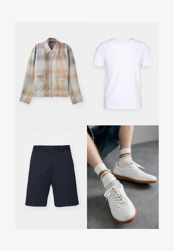 Chaqueta con cremallera frontal y cuello estructurado, con un patrón de degradado en tonos pastel, dos bolsillos frontales y una tela suave con una ligera textura.; Camiseta blanca de manga corta en tejido de algodón con cuello redondo. Diseño simple sin patrones ni acentos. Textura suave.; Pantalones cortos negros hechos de una tela suave, con un diseño de frente plano, presillas para cinturón y largo hasta la rodilla, sin patrones ni elementos metálicos visibles.; Zapatillas de cuero blanco con una textura suave, detalles en gamuza gris, suelas de goma beige y cordones planos. Combinadas con calcetines a rayas en tonos crema y marrón.