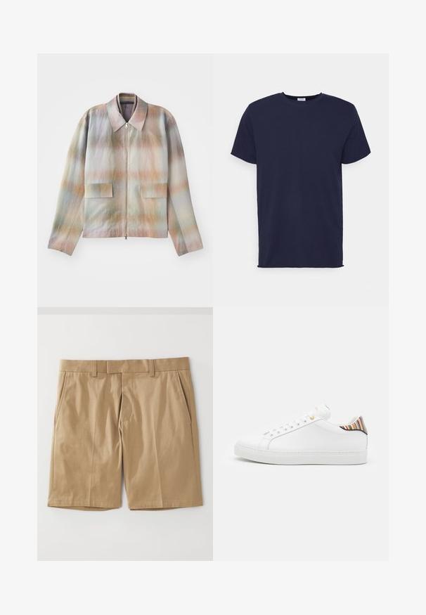 Jakke med lynlås foran og en struktureret krave, der har et pastelgradientmønster, to forlommer og et glat, let tekstureret stof.; Marineblå kortærmet t-shirt lavet af blødt stof. Har rund halsudskæring og en lige pasform uden mønstre eller accenter.; Khaki shorts med en glat, vævet tekstur, der har to sidelommer og en lige snit, designet med en flad talje og bæltestropper.; Hvide lædersneakers med en glat overflade, prydet med en farverig stribet detalje på hælen, guldøje og flad hvid sål.