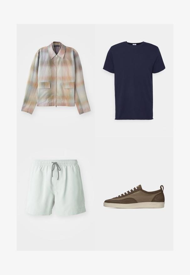 Jakke med lynlås foran og en struktureret krave, der har et pastelgradientmønster, to forlommer og et glat, let tekstureret stof.; Marineblå kortærmet t-shirt lavet af blødt stof. Har rund halsudskæring og en lige pasform uden mønstre eller accenter.; Lysgrønne svømmedragter med elastisk talje, justerbar snøre og sidelommer. Glat tekstur, længde over knæet.; Lavprofileret brun sneaker med hvide snørebånd, beige sål, stof og ruskindsoverdel, side pull-tab og "Tiger of Sweden" logo i guldtekst.