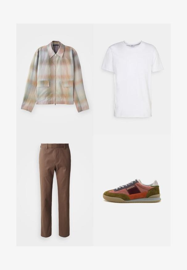 Chaqueta con cremallera frontal y cuello estructurado, con un patrón de degradado en tonos pastel, dos bolsillos frontales y una tela suave con una ligera textura.; Camiseta blanca de manga corta hecha de algodón. Presenta un escote redondo y un corte holgado, sin patrones ni acentos visibles.; Pantalones marrones con un corte ajustado, frente plano y dos bolsillos laterales. Están hechos de una tela suave con un acabado limpio y sin patrones visibles.; PS Paul Smith DOVER - Zapatillas - pink