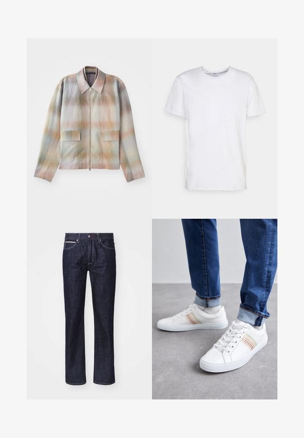 Jakke med lynlås foran og en struktureret krave, der har et pastelgradientmønster, to forlommer og et glat, let tekstureret stof.; Hvid kortærmet t-shirt lavet af bomuld. Har en rund halsudskæring og en afslappet pasform uden synlige mønstre eller detaljer.; Mørkeblå denim jeans med lige pasform, diskrete kontrastsyninger, fem lommer og knappelukning i taljen.; Hvide lædersneakers med multicolore striber, snørebåndsdesign, gummisål og polstret krave, parret med blå denimjeans.