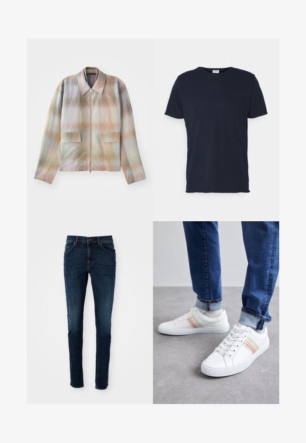 Jakke med lynlås foran og en struktureret krave, der har et pastelgradientmønster, to forlommer og et glat, let tekstureret stof.; Marineblå bomulds t-shirt med rund hals og korte ærmer, med en glat tekstur og enkel design, uden synlige mønstre eller accenter.; Mørkeblå denim jeans med slim fit, struktureret design, fem-lommes stil og let falmning langs benene og sømmene.; Hvide lædersneakers med multicolore striber, snørebåndsdesign, gummisål og polstret krave, parret med blå denimjeans.
