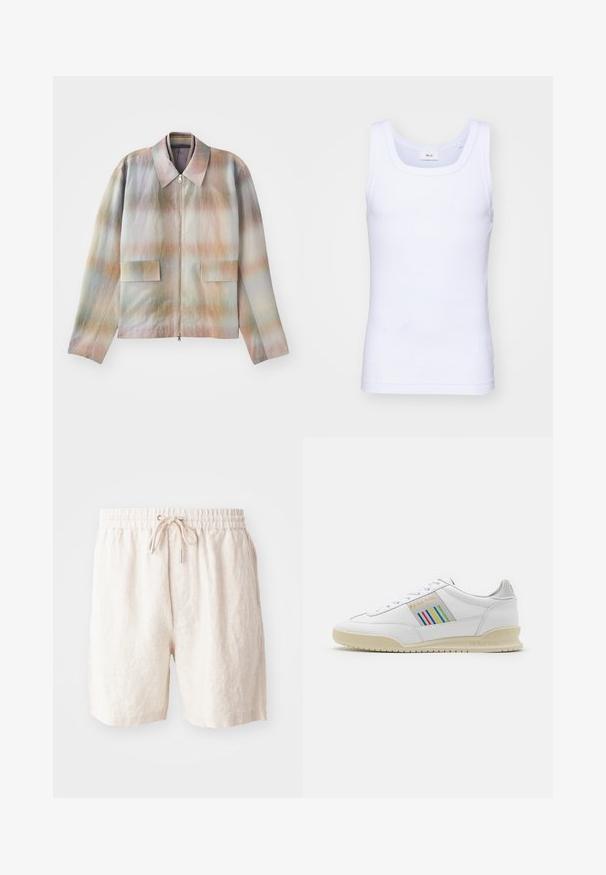 Veste zippée à col structuré, présentant un motif dégradé pastel, deux poches avant et un tissu lisse légèrement texturé.; Débardeur sans manches en coton blanc avec un col rond, présentant une texture lisse et une coupe ajustée, conçu pour un usage décontracté.; Shorts en lin beige avec une taille élastique, cordon de serrage ajustable et poches latérales. Texture douce avec une coupe décontractée.; Basket en cuir blanc avec une semelle crème, des accents de rayures multicolores sur le côté et un logo "PS Paul Smith" en doré.