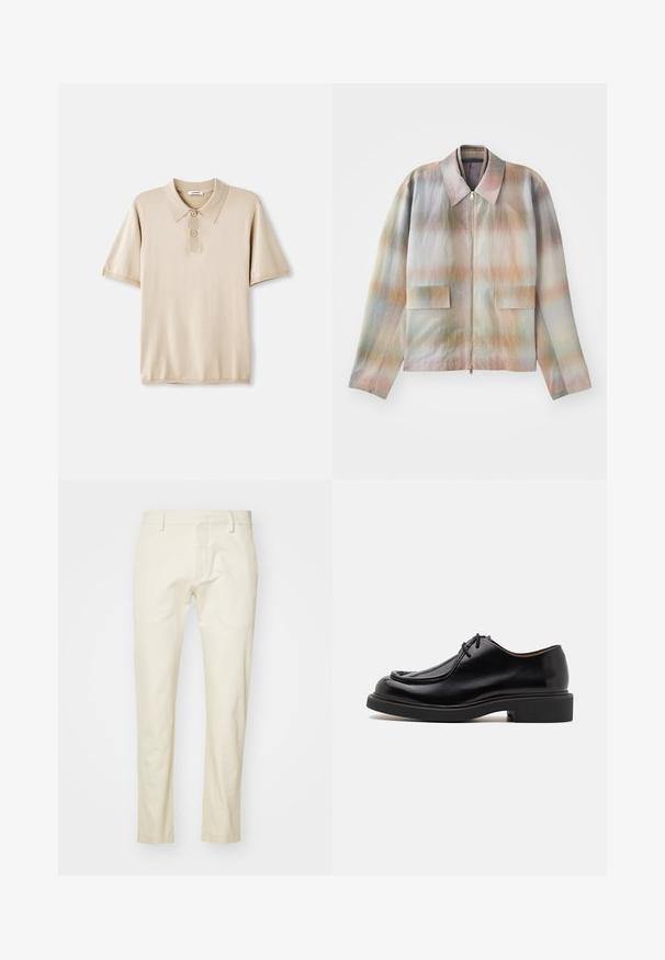 Jacke mit Reißverschluss und strukturiertem Kragen, versehen mit einem pastellfarbenen Verlaufsmuster, zwei Fronttaschen und einem glatten, leicht strukturierten Stoff.; Beige Poloshirt mit Kragen und dreiknopfiger Leiste. Kurze Ärmel, weiche Textur und gerader Saum. Minimalistisches Design.; Beige Baumwollhosen mit geradem Bein, Reißverschluss vorne und flachen Taschen. Strukturierter Stoff mit glatter Oberfläche.; Schwarzer Lederschuh mit runder Zehenform, gesteppten Details, minimalen Schnürsenkeln und dicker Gummisohle für Traktion und Langlebigkeit.