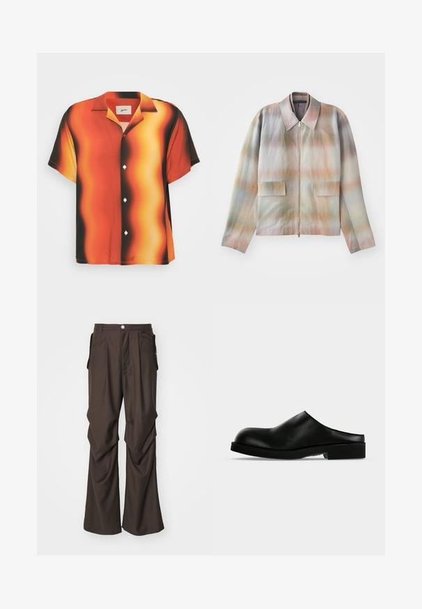 Veste zippée à col structuré, présentant un motif dégradé pastel, deux poches avant et un tissu lisse légèrement texturé.; Chemise à manches courtes avec boutons, de couleur orange vif et noir, ornée d'un motif ondulé. Fabriquée en tissu lisse, elle possède des boutons blancs et un col.; Pantalons marron sur mesure avec une coupe large, dotés de poches latérales et d'une fermeture à bouton à l'avant. Tissu lisse avec de légers plis.; Mule en cuir noir à enfiler avec bout arrondi et petit talon carré sur un fond clair uni.