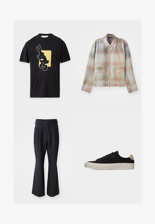 Veste zippée à col structuré, présentant un motif dégradé pastel, deux poches avant et un tissu lisse légèrement texturé.; T-shirt noir à manches courtes avec une silhouette de lapin en contour blanc à l'intérieur d'un fond rectangulaire jaune sur le devant.; Pantalons noirs ajustés avec une coupe décontractée, devant plissé et jambes larges. Caractéristiques d'un ourlet à retournement et d'une texture de tissu lisse.; Baskets basses noires avec languette beige au talon, semelle en caoutchouc blanche épaisse, lacets noirs et petite étiquette "PS Paul Smith" sur le côté.