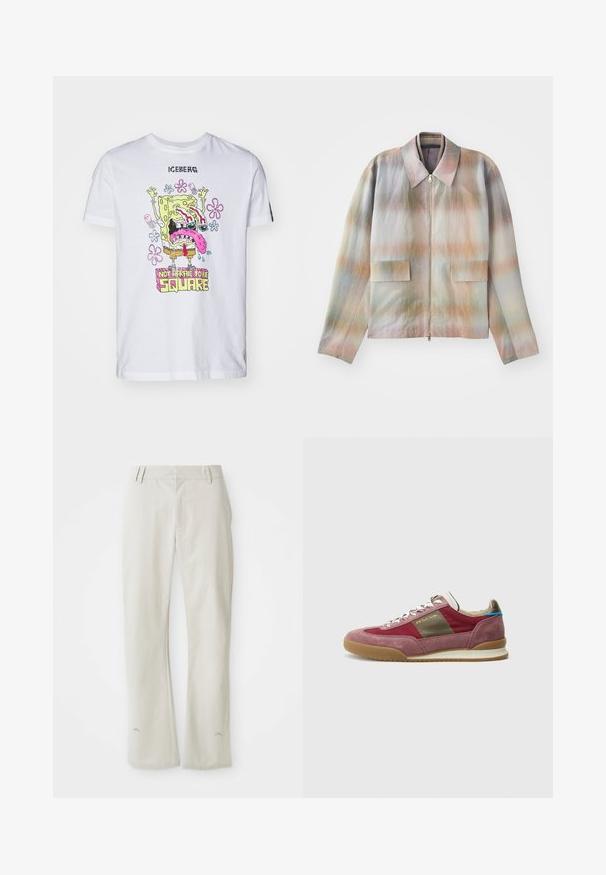 Jakke med lynlås foran og en struktureret krave, der har et pastelgradientmønster, to forlommer og et glat, let tekstureret stof.; Hvid bomulds t-shirt med et farverigt SpongeBob-tryk og teksten "IKKE BANGE FOR AT VÆRE KVADRATISKE," blomstrede dekorationer og korte ærmer.; Lys grå, lige bukser lavet af glat stof. Har forlommer, bæltesløjfer og et diskret logo nær kanten.; Sneaker med en overdel i bordeaux ruskind og stof, beige accenter og en sål i gummi i kulør; har metalliske huller til snørebånd og snørebånd.