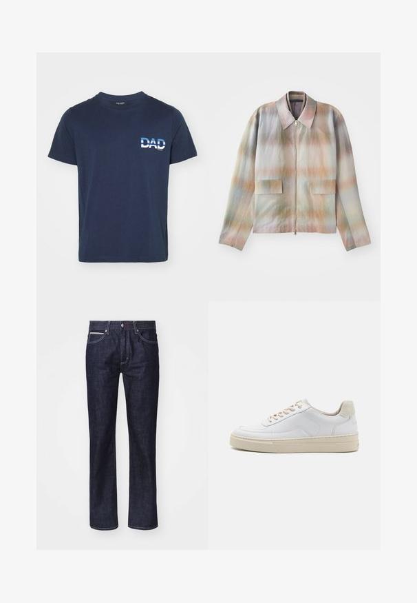 Jakke med lynlås foran og en struktureret krave, der har et pastelgradientmønster, to forlommer og et glat, let tekstureret stof.; Mørkeblå bomulds T-shirt med korte ærmer. Har en hvid grafisk tekst "DAD" på venstre side, i fed skrift. Enkel og afslappet design.; Mørkeblå denim jeans med lige pasform, diskrete kontrastsyninger, fem lommer og knappelukning i taljen.; Hvide sneakers med en glat læderoverdel, beige snørebånd og en tekstureret beige ruskindsheel-tab. Hævet sål for ekstra højde.