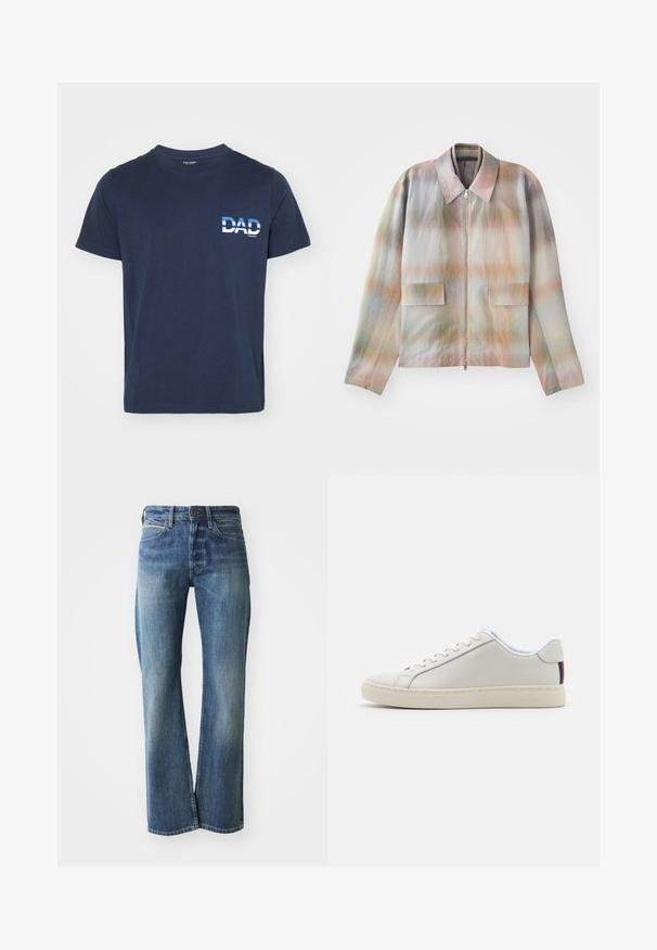 Chaqueta con cremallera frontal y cuello estructurado, con un patrón de degradado en tonos pastel, dos bolsillos frontales y una tela suave con una ligera textura.; Camiseta de algodón azul marino de mangas cortas. Presenta un texto gráfico en blanco "PAPÁ" en el lado izquierdo, en una fuente negrita. Diseño simple y casual.; Vaqueros de mezclilla en un color azul claro a medio, con corte recto, diseño clásico de cinco bolsillos y un sutil desgaste en la parte frontal.; Zapatilla de cuero blanca con una textura suave, punta redonda, suela plana y cordones tonalizados. Presenta un acento de rayas coloridas en el talón.