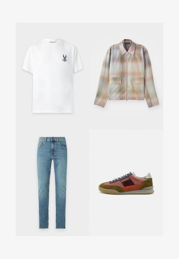 Veste zippée à col structuré, présentant un motif dégradé pastel, deux poches avant et un tissu lisse légèrement texturé.; T-shirt blanc à manches courtes avec un petit dessin coloré du visage de Bugs Bunny sur le côté gauche de la poitrine et un col rond.; Jean slim bleu clair avec cinq poches, fermeture par bouton, et légère décoloration sur les cuisses et les genoux.; PS Paul Smith DOVER - Baskets basses - pink