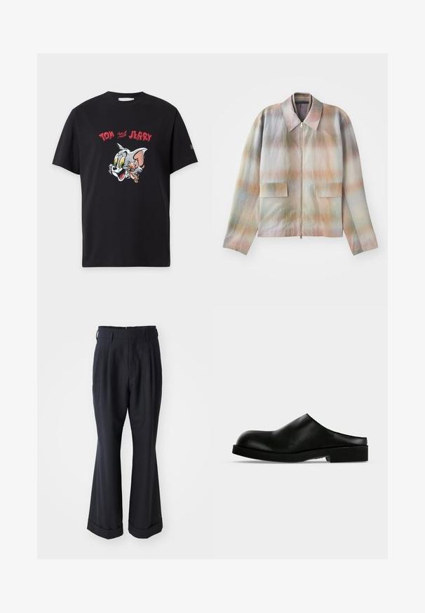 Zip-front jacket with a structured collar, featuring a pastel gradient pattern, two front pockets, and a smooth, slightly textured fabric.; Black short-sleeve T-shirt with colorful Tom and Jerry cartoon faces and red text "Tom Jerry" above the characters.; Black tailored trousers with a relaxed fit, pleated front, and wide legs. Features a cuffed hem and smooth fabric texture.; Black leather slip-on mule shoe with rounded toe and low block heel on a plain light background.