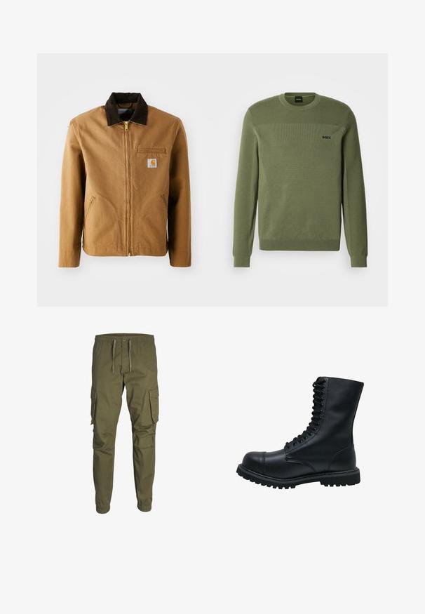 Brun lærredjakke med en mørkebrun fløjlskrave, lynlås lukning, brystlomme og sidelommer. Har et logo patch på venstre side.; Olivengrøn sweater med rund halsudskæring, struktureret strikkemønster, ribbede ærmegab og kant. Har en diskret logo på brystet.; Olivenfarvede cargo bukser lavet af letvægtsstof. Funktioner inkluderer elastisk talje, justerbar snor og to sidelommer.; Sort læder snørebåndsstøvle med rund tå, høj skaft, tyk gummisål og struktureret overflade. Har forstærket syning langs sømmene.