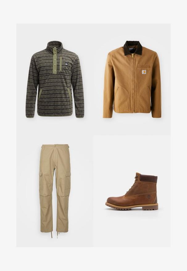 Veste en toile marron avec un col en velours côtelé marron foncé, fermeture éclair, poche poitrine et poches latérales. Présente un patch logo sur la gauche.; Pull polaire homme avec tissu à motifs, patte à boutons-pression, poche poitrine et poches latérales en tons olive et gris foncé.; Pantalons cargo kaki en tissu léger, dotés de plusieurs poches latérales, d'une coupe décontractée et de poignets à cordon de serrage réglables à l'ourlet.; Botte de randonnée en cuir marron avec une finition lisse, cheville rembourrée, œillets en métal et semelle en caoutchouc dotée d'un motif de crampons robuste.