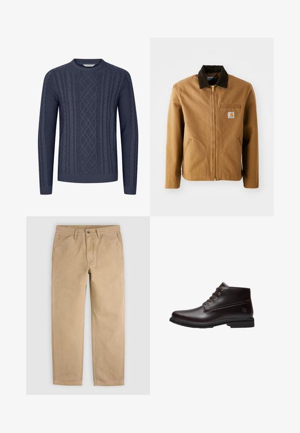 Brun lærredjakke med en mørkebrun fløjlskrave, lynlås lukning, brystlomme og sidelommer. Har et logo patch på venstre side.; Mørkeblå strikket sweater med teksturerede kabelmønstre, rund halsudskæring og ribbekanter ved ærmerne og nederste kant. Fremstillet af blødt og holdbart stof.; Beige casual bukser med lige ben, forlommer, bæltestropper og knaplukning, vist fladt på en lys baggrund.; Mørkebrun læder snørestøvle til anklen med sort sål og subtilt brandlogo på siden, vist i profil mod en hvid baggrund.