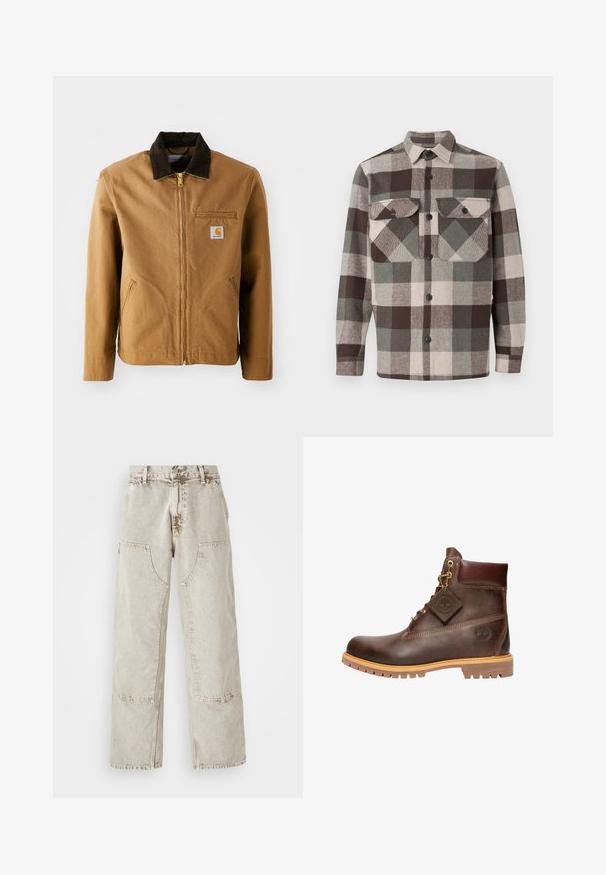 Brun lærredjakke med en mørkebrun fløjlskrave, lynlås lukning, brystlomme og sidelommer. Har et logo patch på venstre side.; Rute skjorte i brune, grønne og beige nuancer. Har krave, to brystlommer og knaplukninger foran. Tekstureret stof.; Lys beige bredbenede jeans lavet af denim, med store lommeapplikationer, kontrastsyet og en let falmet tekstur.; Brun læder ankelstøvle med rund tå, solid sål, hardware i guldtone og en tekstureret overdel. Inkluderer et logo-tagfæstet.