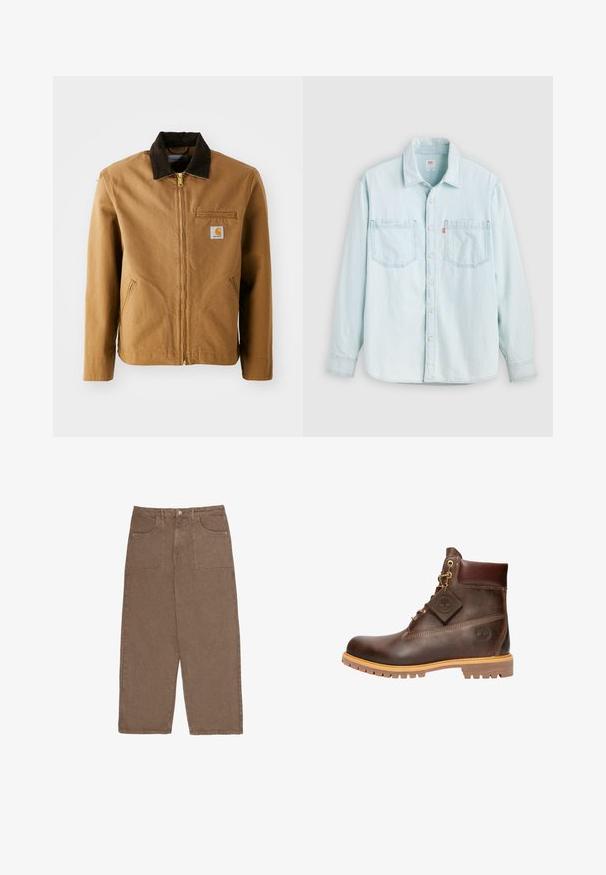 Brun lærredjakke med en mørkebrun fløjlskrave, lynlås lukning, brystlomme og sidelommer. Har et logo patch på venstre side.; Lyseblå denimskjorte med lange ærmer, knaplukning foran, to brystlommer og krave, vist mod en ensfarvet lys baggrund.; Brune brede benbukser lavet af bomuld, med to forlommer og knaplukning. Stoffet har en blød tekstur og matt finish.; Brun læder ankelstøvle med rund tå, solid sål, hardware i guldtone og en tekstureret overdel. Inkluderer et logo-tagfæstet.