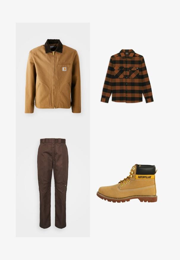 Brun lærredjakke med en mørkebrun fløjlskrave, lynlås lukning, brystlomme og sidelommer. Har et logo patch på venstre side.; Langærmet skjorte i orange og sort ternet mønster, lavet af et tekstureret stof. Har to brystlommer og knaplukning foran.; Brune, lige bukser med en glat tekstur. Har beltestropper, sidesømme og et lille mærke-logo på venstre ben.; Brun læderstøvle med en sort krave, gule accenter, guldøjer og en robust sål. Har en sidesøm og kontrasterende syning detaljer.