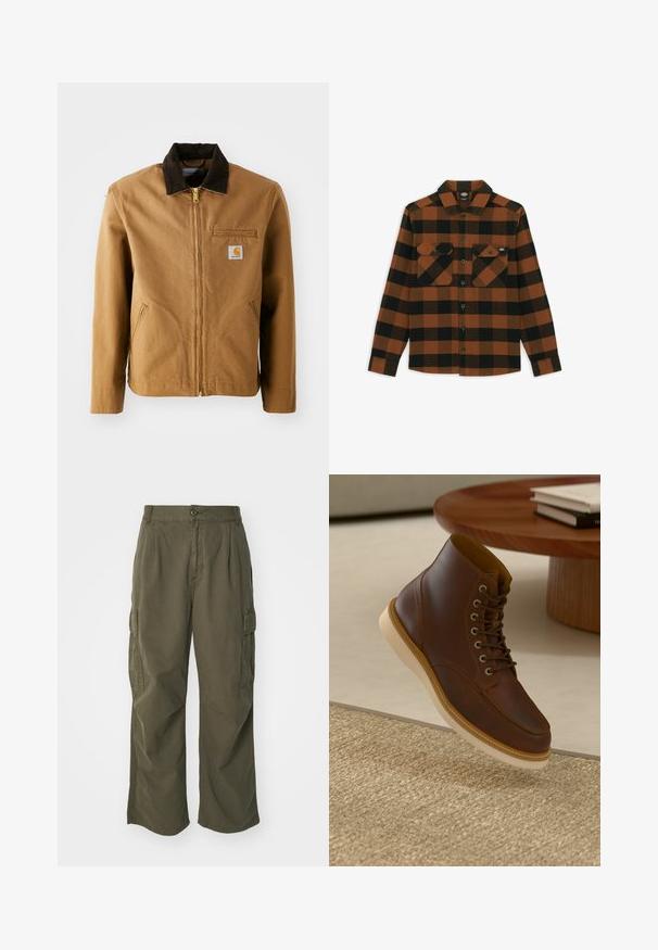 Brun lærredjakke med en mørkebrun fløjlskrave, lynlås lukning, brystlomme og sidelommer. Har et logo patch på venstre side.; Langærmet skjorte i orange og sort ternet mønster, lavet af et tekstureret stof. Har to brystlommer og knaplukning foran.; Cargo bukser i olivengrøn, lavet af bomuld, med et bredt ben design, læg og sidelommer til praktisk anvendelse.; Brune læderankelstøvle med beige sål på et struktureret beige tæppe ved siden af et rundt træbord med stakke af bøger.
