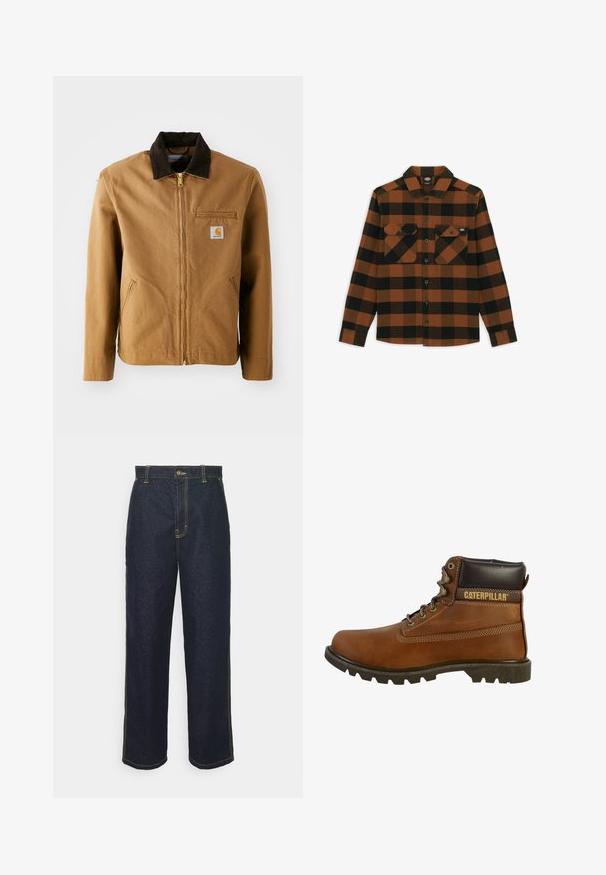 Veste en toile marron avec un col en velours côtelé marron foncé, fermeture éclair, poche poitrine et poches latérales. Présente un patch logo sur la gauche.; Chemise à manches longues en motif écossais orange et noir, fabriquée dans un tissu texturé. Comprend deux poches poitrine et une fermeture à boutons.; Jean en denim foncé à jambe large avec des coutures jaunes, dotés d'une fermeture à bouton à l'avant et de poches latérales. Texture lisse et design traditionnel.; Botte de travail en cuir marron avec une tige haute, semelle robuste, œillets métalliques et un col rembourré marron foncé. Présente la marque "Caterpillar".