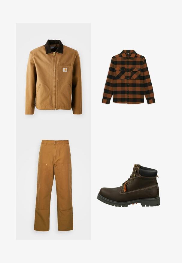 Brun lærredjakke med en mørkebrun fløjlskrave, lynlås lukning, brystlomme og sidelommer. Har et logo patch på venstre side.; Langærmet skjorte i orange og sort ternet mønster, lavet af et tekstureret stof. Har to brystlommer og knaplukning foran.; Brune bomuldsarbejdsbukser med lige ben-design, der har frontlommer og metalhardware detaljer for ekstra holdbarhed.; Dockers by Gerli Snørestøvletter - schoko