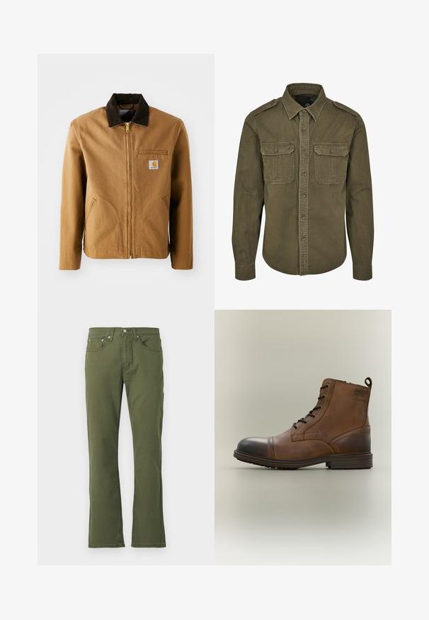 Bruine canvas jas met een donkerbruine corduroy kraag, ritssluiting, borstzak en zijzakken. Bevat een logo patch aan de linkerkant.; Olijf groene button-up shirt van katoen. Heeft een kraag, twee borstzakken met kleppen en gestructureerde schouders met zichtbare stiksels.; Olijfgroene flared jeans van katoen met een soepele textuur; voorzien van vijf zakken, een knoopsluiting en subtiele stikdetails.; Bruine leren enkellaars met veters, zwarte neuskap, ronde zool en merkdetail aan de zijkant tegen een effen achtergrond.