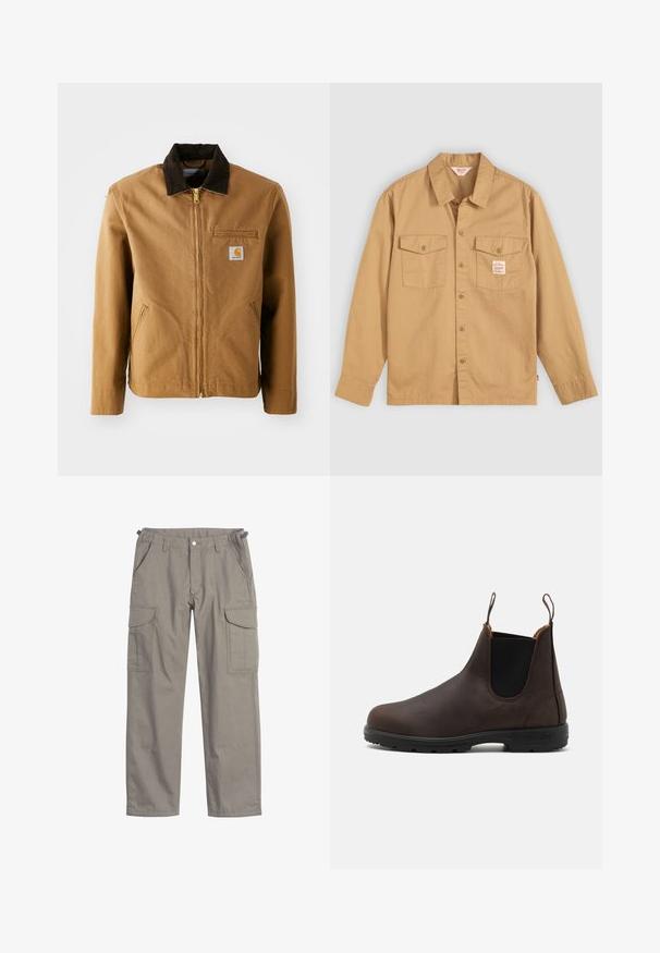 Brun lærredjakke med en mørkebrun fløjlskrave, lynlås lukning, brystlomme og sidelommer. Har et logo patch på venstre side.; Tan knapkrave skjorte med lange ærmer, to brystlommer og et lille mærke. Lavet af bomuld med en blød tekstur og klassisk kravedesign.; Cargo bukser i lysegrå stof, med to store sidelommer, frontlommer, knappelukning og en løs pasform.; Brun læder ankelstøvle med elastiske sidepaneler og løftestropper, der har en struktureret overflade og en holdbar sort gummisål.