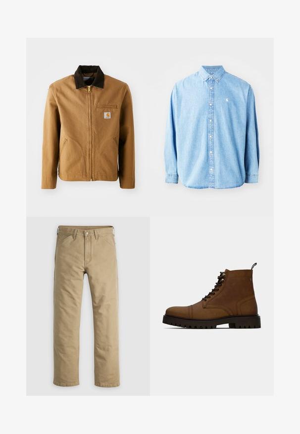 Brun lærredjakke med en mørkebrun fløjlskrave, lynlås lukning, brystlomme og sidelommer. Har et logo patch på venstre side.; Lysel blå denim skjorte med knapper og lange ærmer, spids krave og et lille logo på venstre bryst. Har en afslappet pasform og klassisk design.; Khakifarvede bomuldssbukser med lige ben, forlommer og knaplukning. Glat tekstur og forstærkede sømme for holdbarhed.; Brun læder snørefri ankelstøvle med tyk sort sål og hængslet på en hvid baggrund.